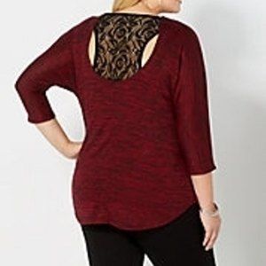 NEW RUE21+ Last Top Burgundy Hacienda Pattern Lace Inset 3/4 Sleeves Tunic 1X
